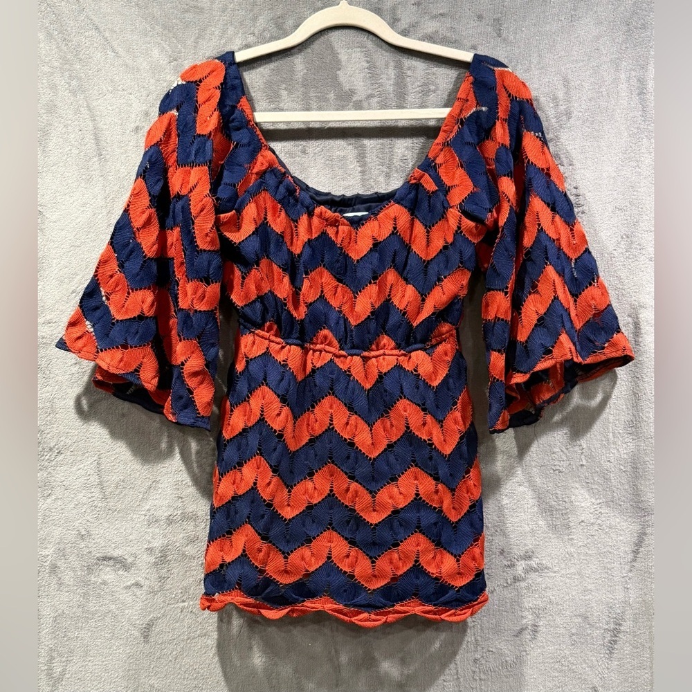 Judith March Baby Doll Bell Sleeve Orange And Blue Blouse Size L Chevron Lined